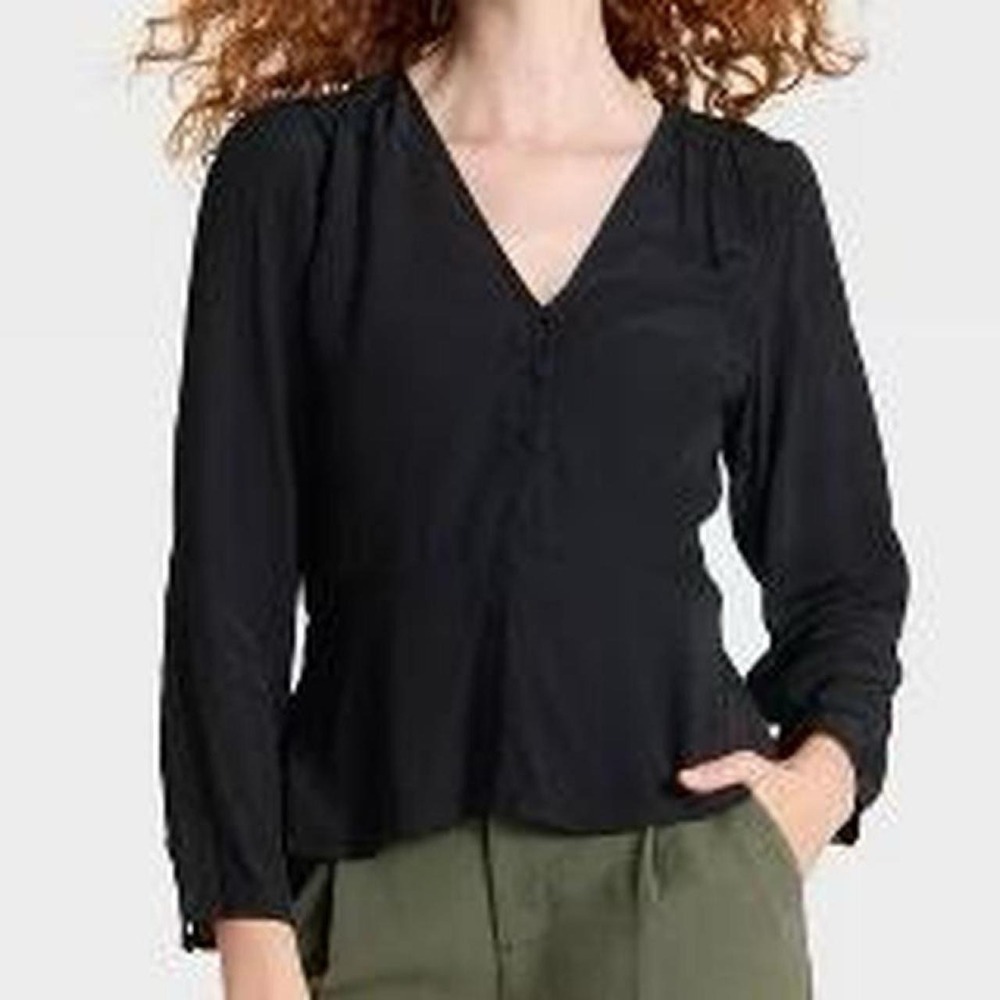 A New Day Black Long Sleeve Blouse with V-Neckline and Button Front Detail